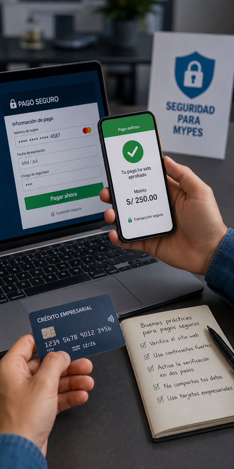 Empresario peruano verificando un pago electrónico desde una computadora y un teléfono móvil en un entorno de oficina seguro.