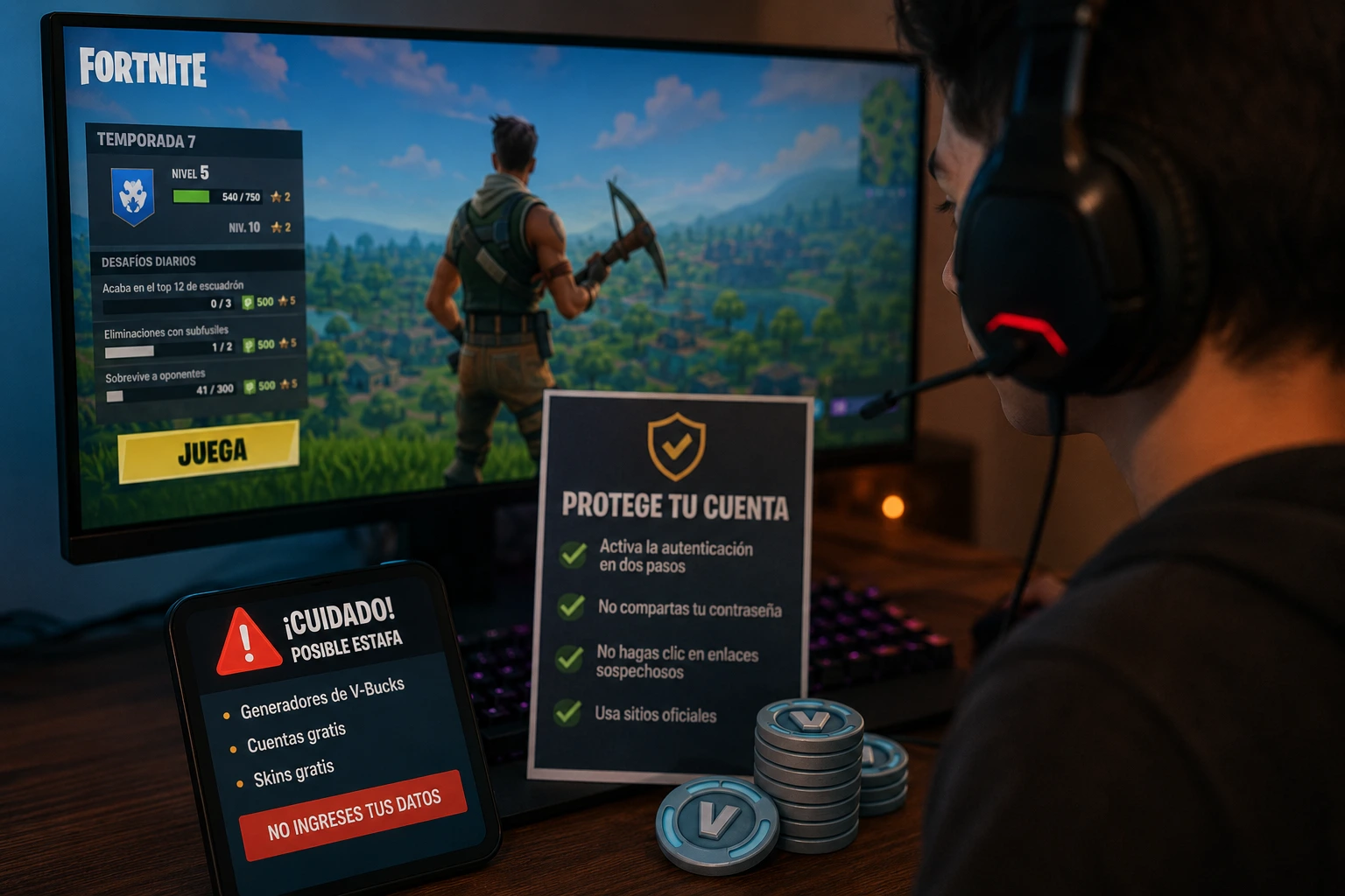 Adolescente jugando Fortnite mientras un adulto supervisa el uso seguro de la cuenta para prevenir estafas y robo de V-Bucks.