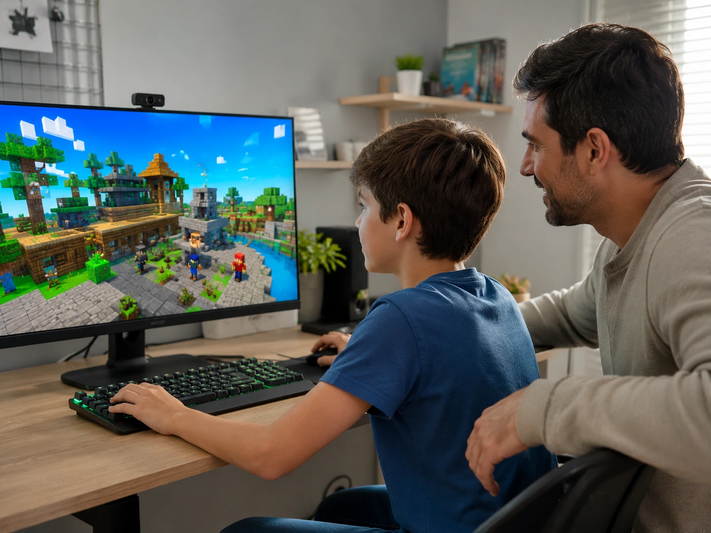 Padre supervisando a su hijo mientras juega Roblox para prevenir estafas digitales y proteger su cuenta.