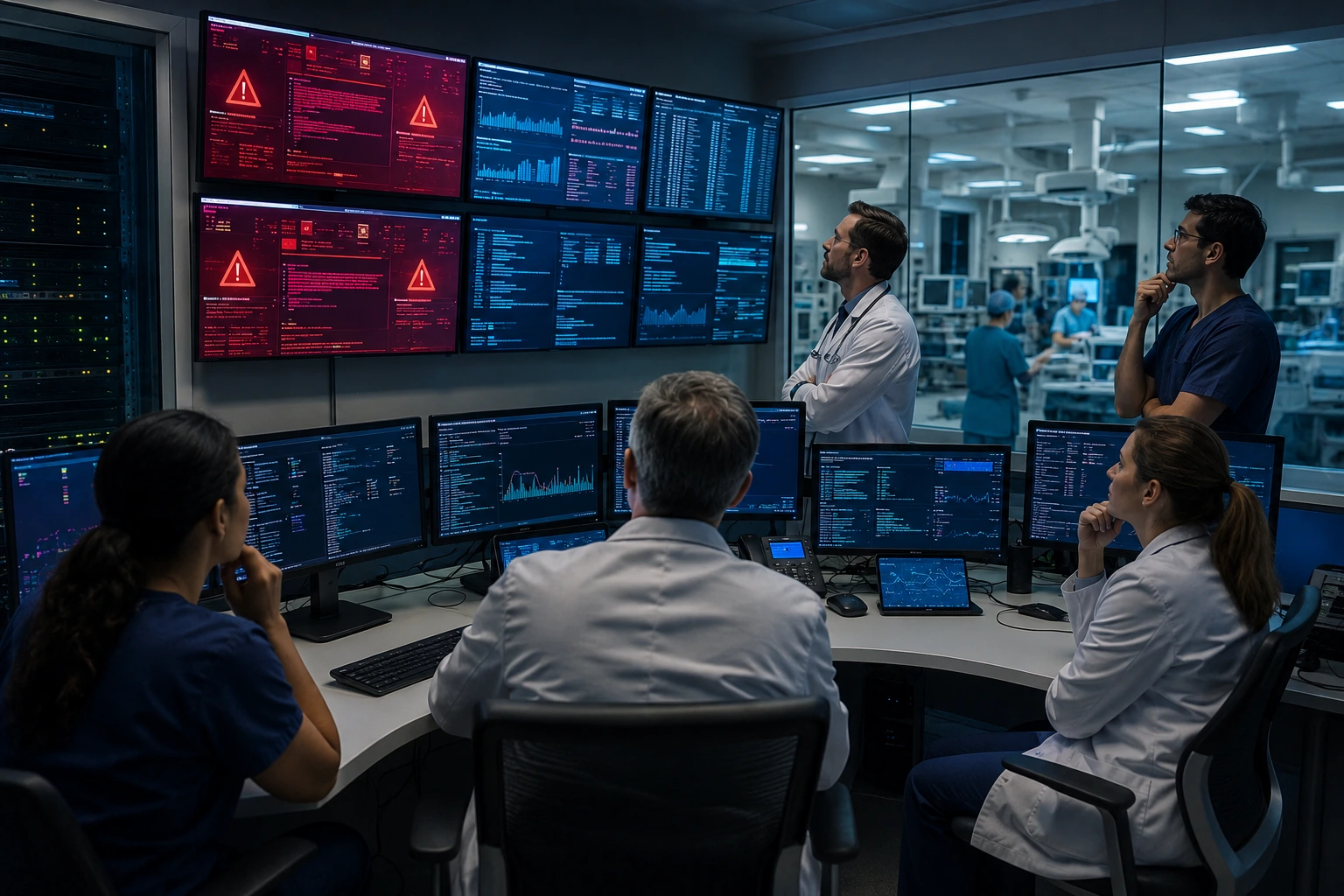 Especialistas en un hospital respondiendo a un ciberataque ransomware mientras revisan sistemas informáticos médicos.