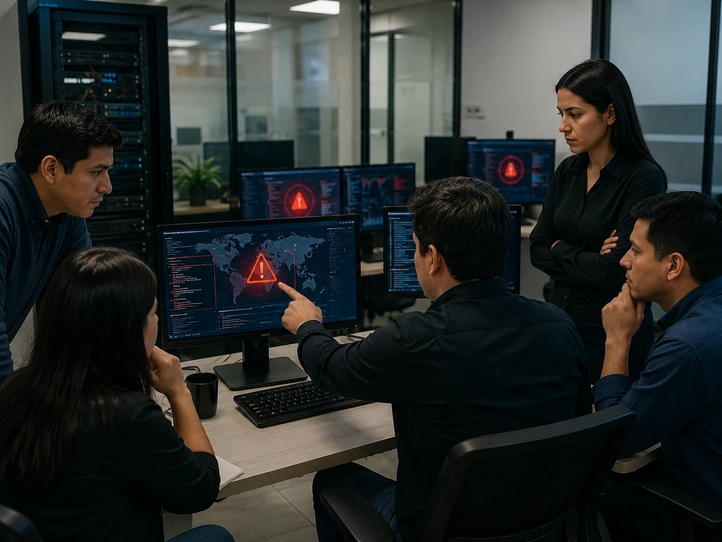 Empresarios peruanos analizando un incidente de ciberseguridad en una oficina moderna mientras especialistas monitorean un ataque informático.
