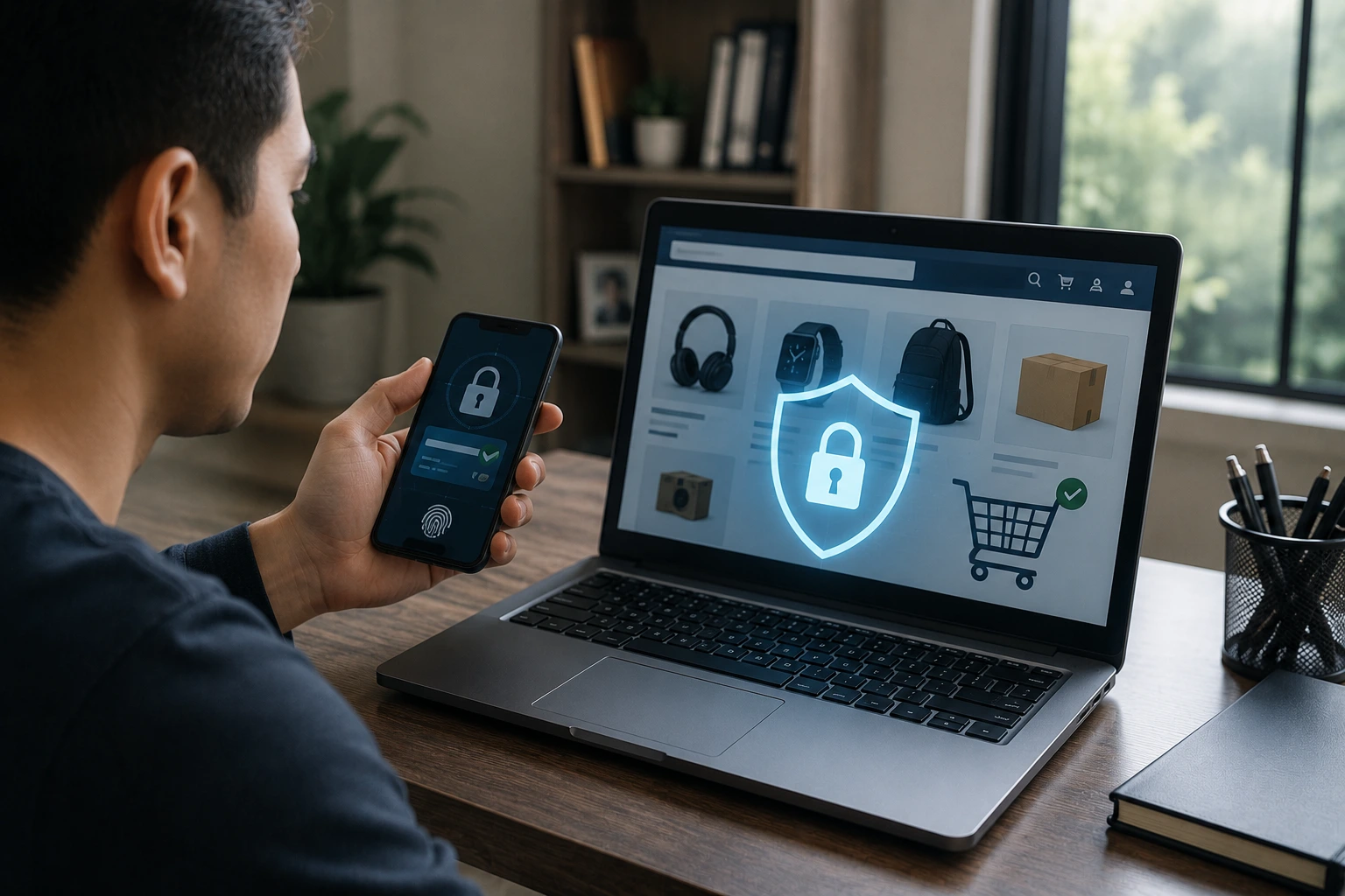 Persona revisando una compra online en una computadora mientras detecta señales de posible estafa en comercio electrónico.