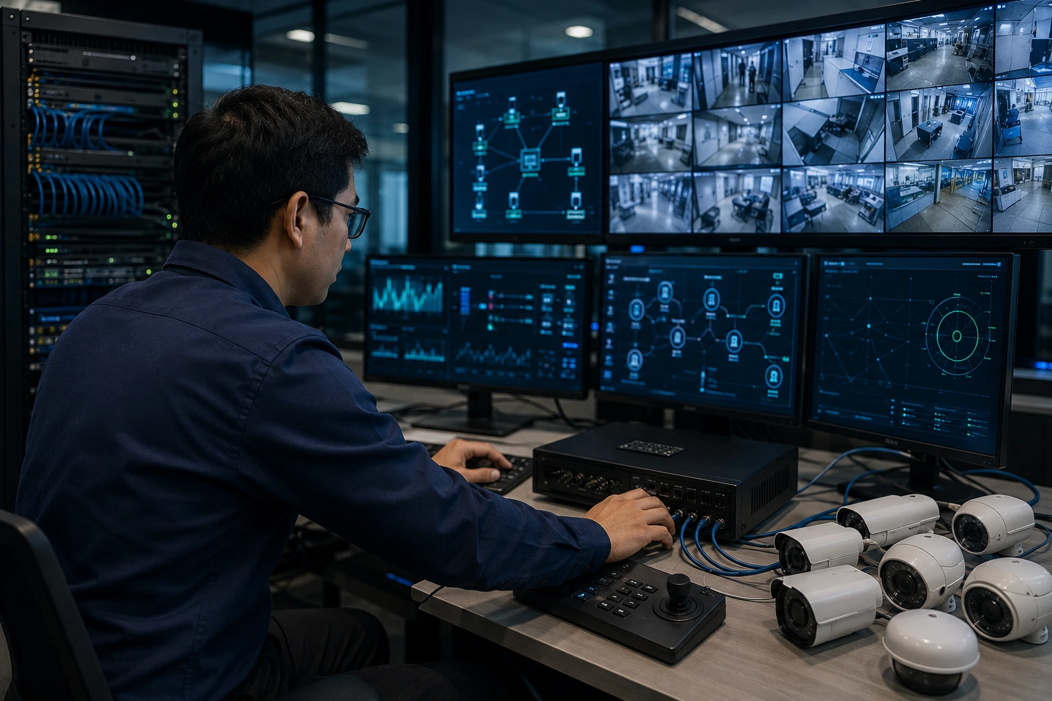 Especialista configurando un DVR y cámaras IP para proteger un sistema de videovigilancia contra ataques cibernéticos.