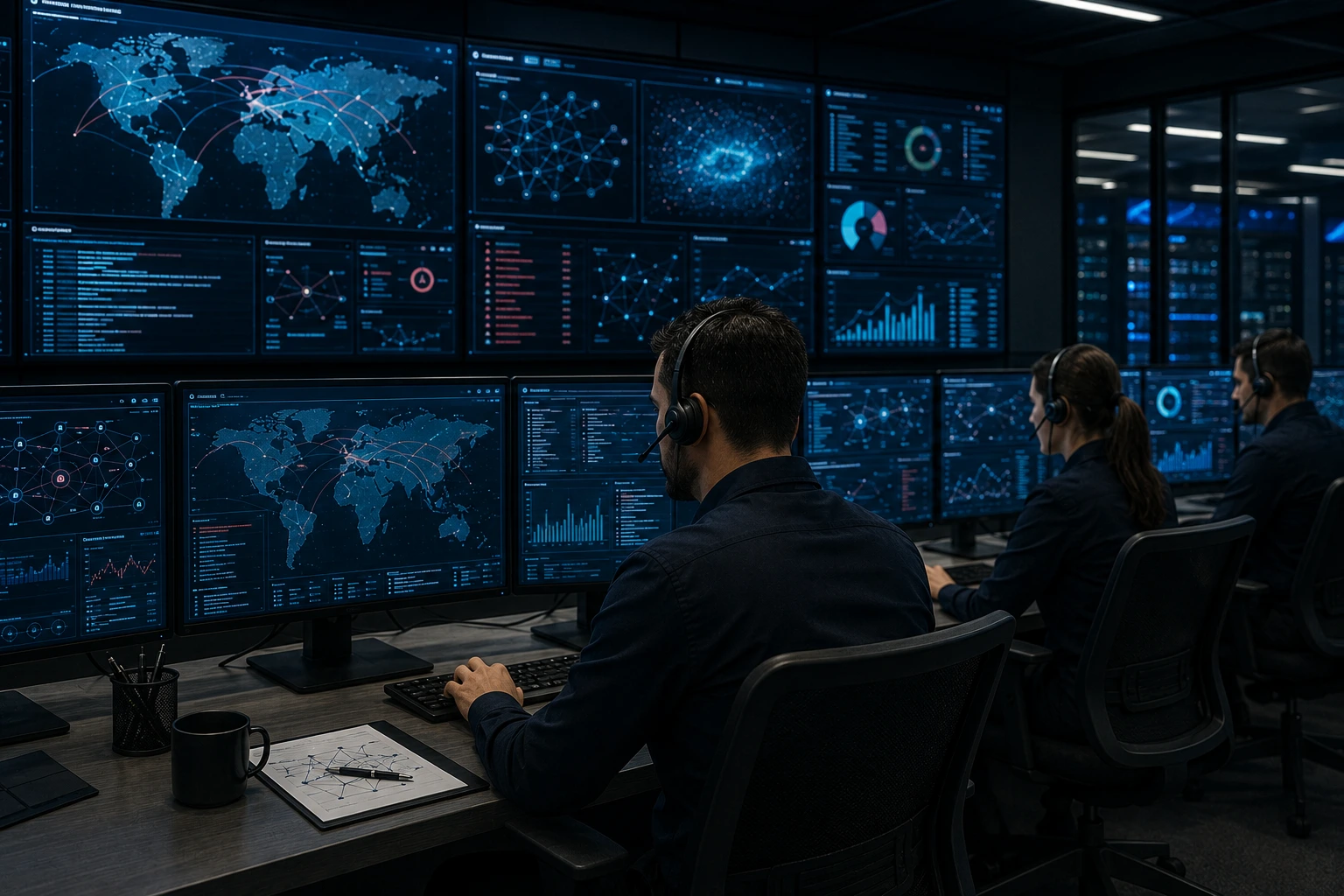 Especialistas monitoreando amenazas de ciberseguridad y ataques informáticos durante un análisis de inteligencia de amenazas.