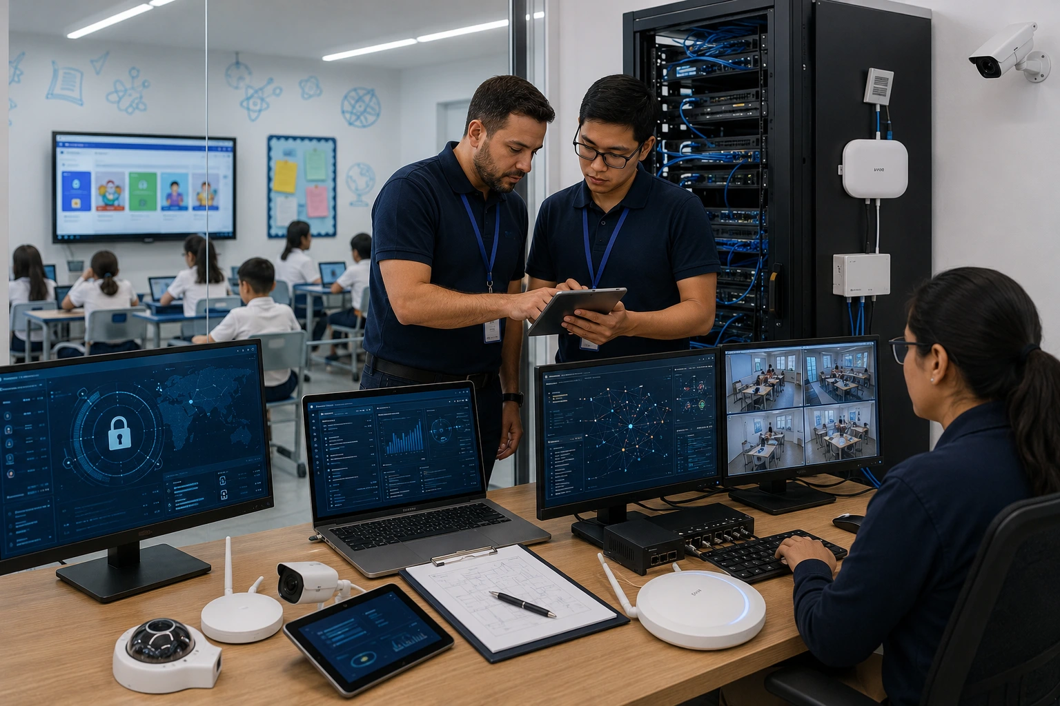 Especialistas en ciberseguridad protegiendo la infraestructura tecnológica de una institución educativa.