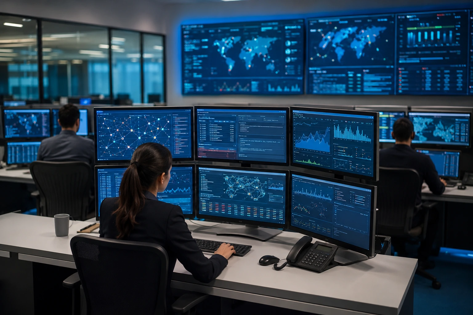 Especialista utilizando diversas herramientas de ciberseguridad para monitorear redes y proteger una infraestructura tecnológica.