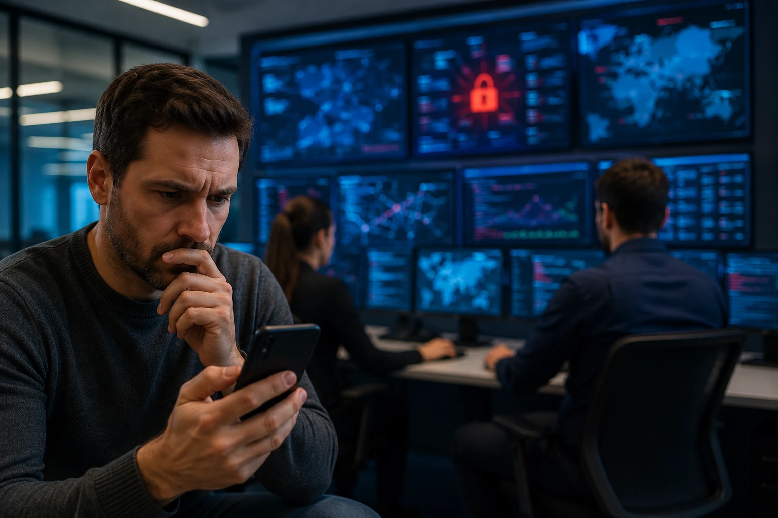 Persona revisando su teléfono móvil mientras especialistas en ciberseguridad analizan posibles amenazas de spyware.