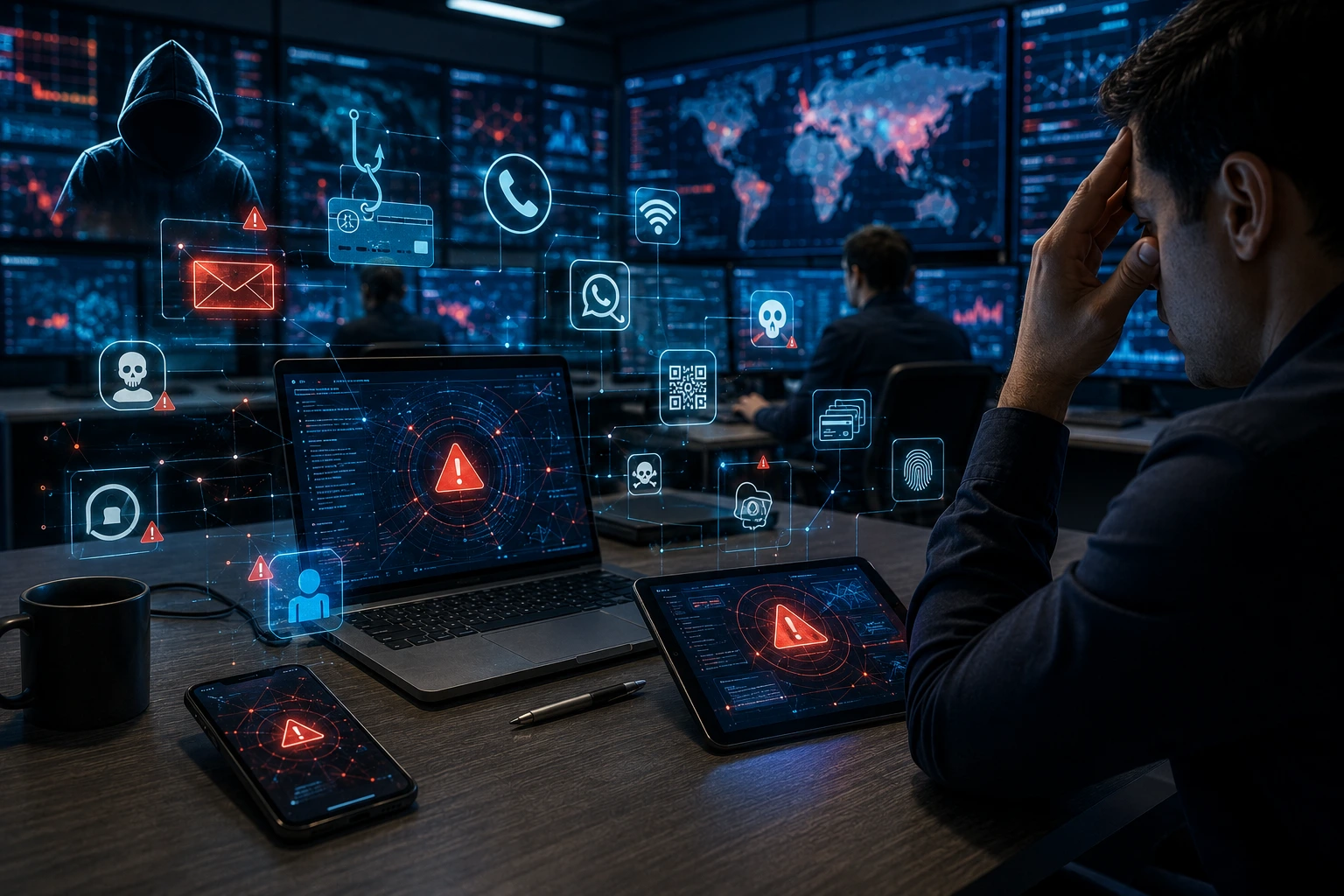 Persona recibiendo llamadas, mensajes y correos fraudulentos mientras especialistas en ciberseguridad analizan amenazas digitales.