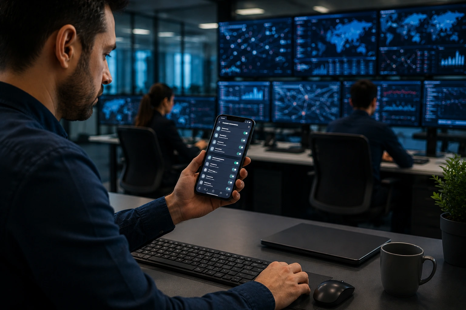 Persona revisando la seguridad de su cuenta de WhatsApp mientras especialistas en ciberseguridad analizan amenazas digitales.